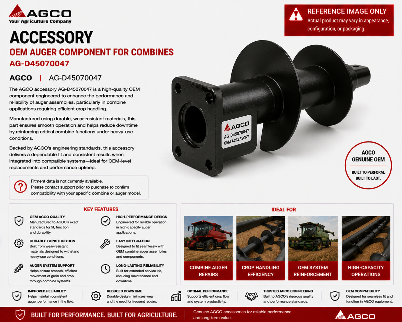 AGCO Accessory AG-D45070047 | OEM Auger Component for Combines