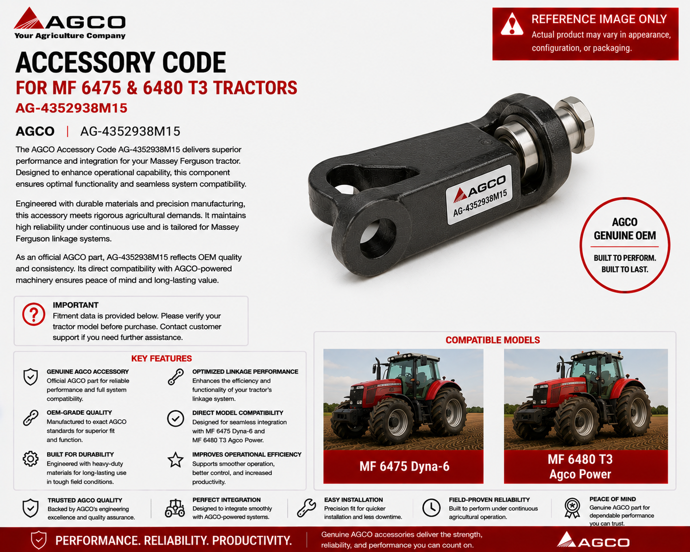 AGCO Accessory Code for MF 6475 & 6480 T3 Tractors | AG-4352938M15