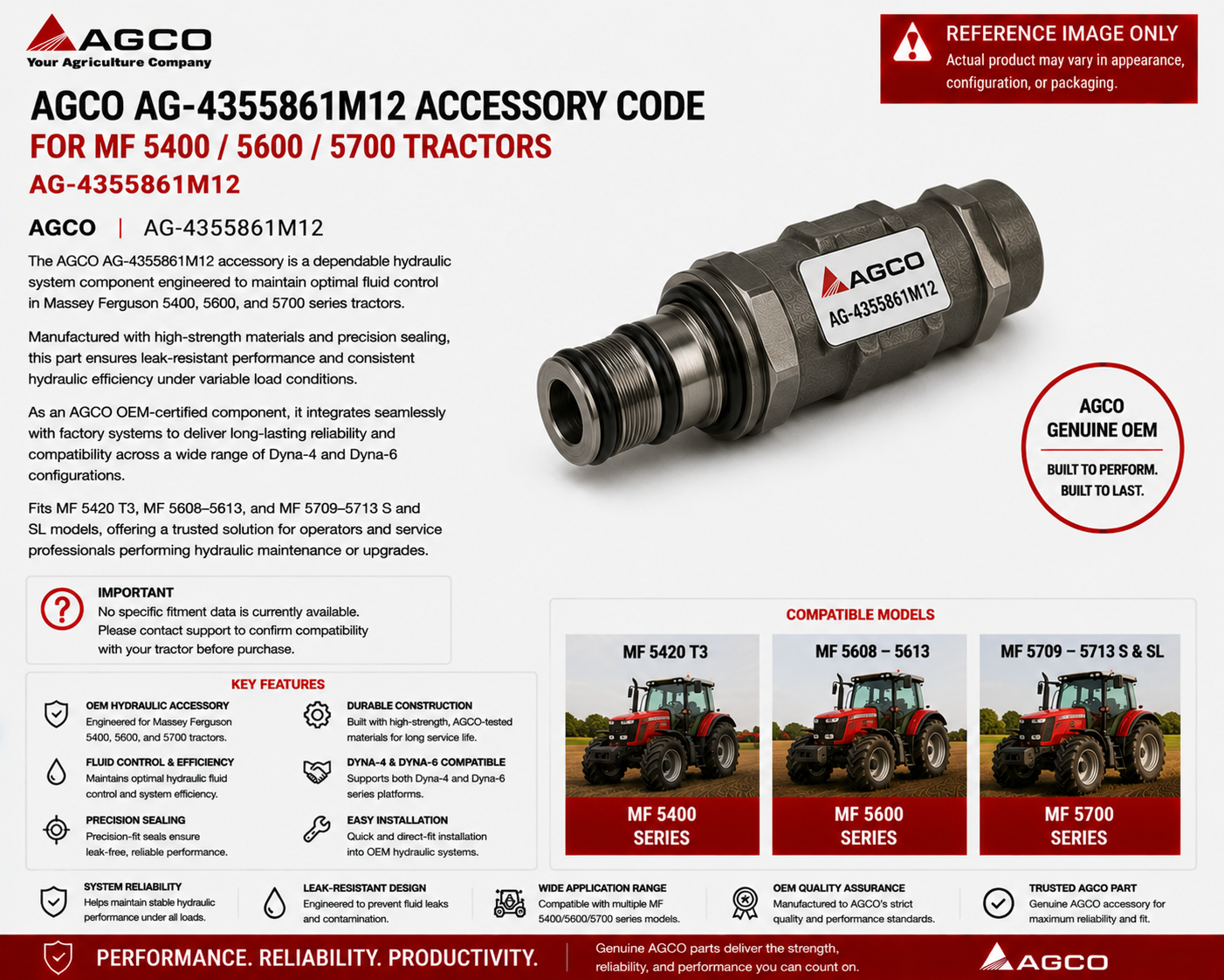 AGCO AG‑4355861M12 Accessory Code – For MF 5400/5600/5700 Tractors