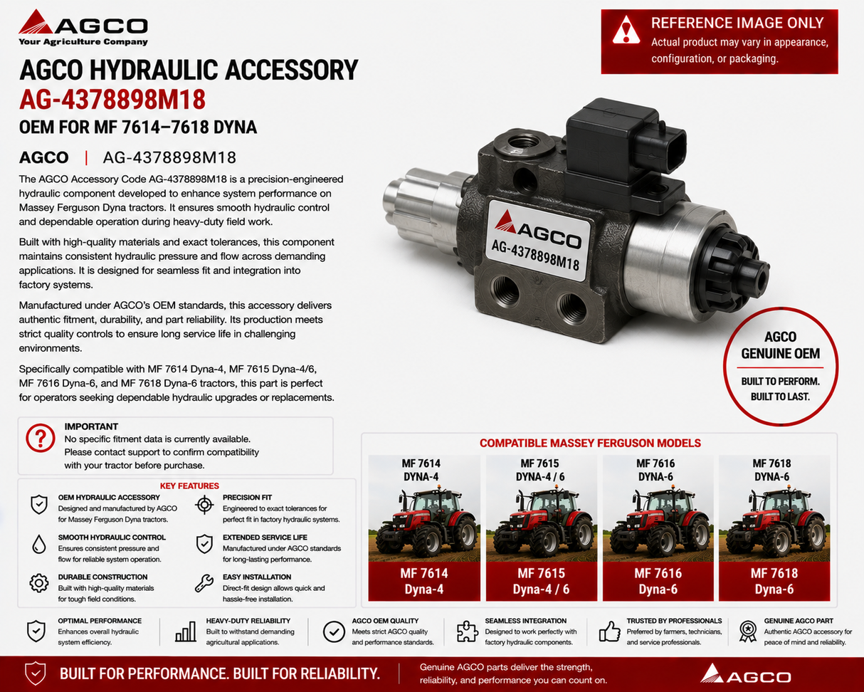 AGCO Hydraulic Accessory AG‑4378898M18 – OEM for MF 7614–7618 Dyna