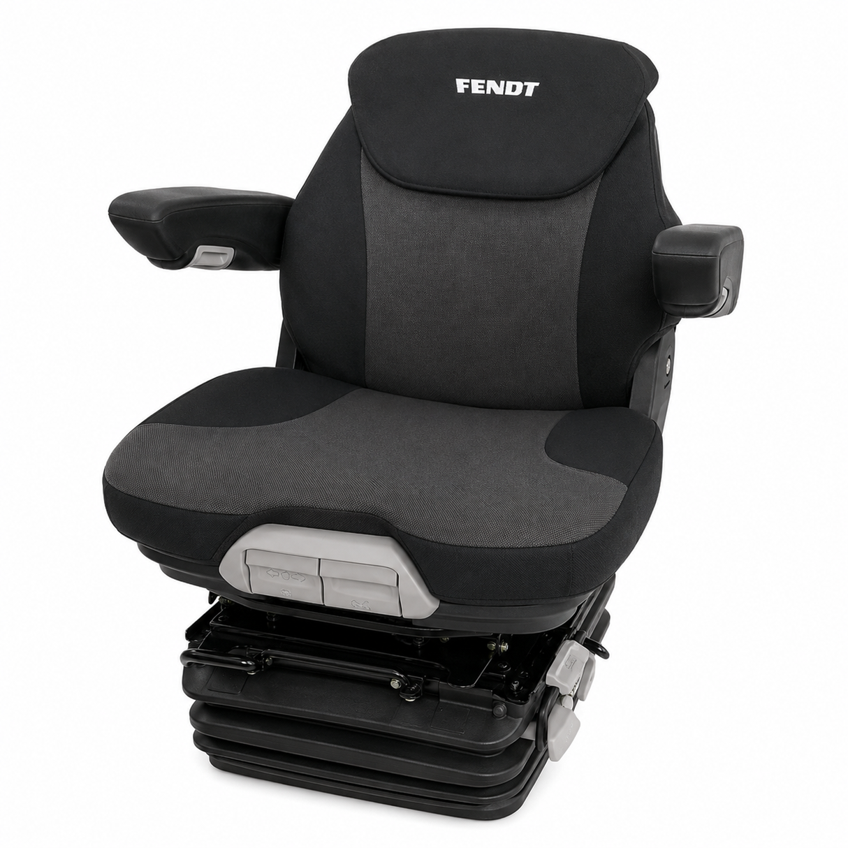 Black and gray vehicle seat with 'Fendt' branding on a white background
