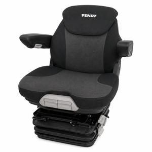 Black and gray vehicle seat with 'Fendt' branding on a white background