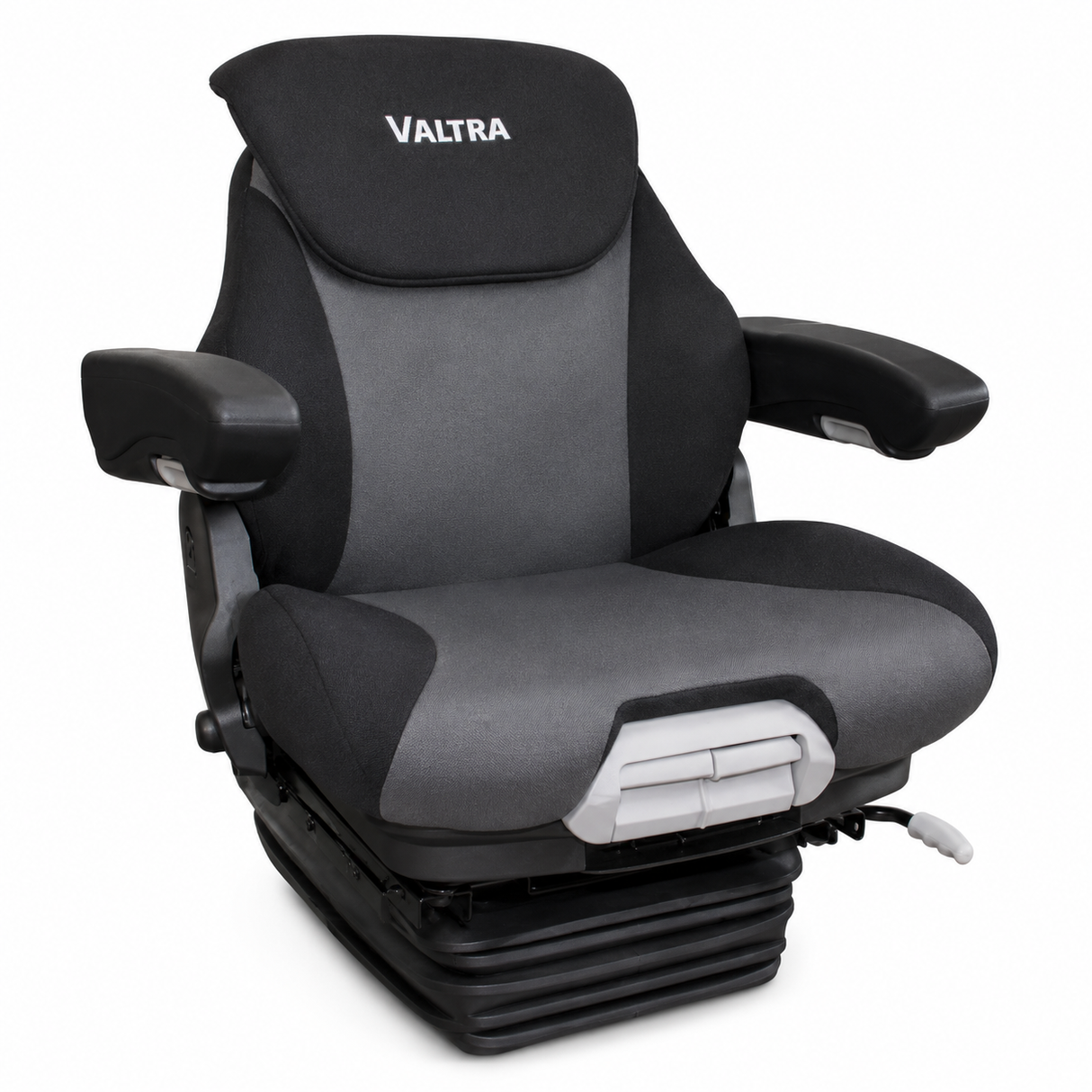 Gray and black driver's seat with 'Valtra' branding on a white background