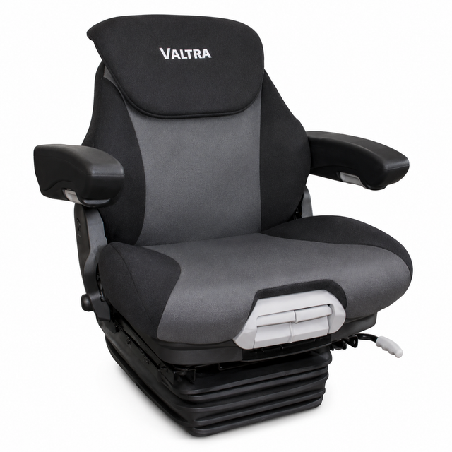 Gray and black driver's seat with 'Valtra' branding on a white background