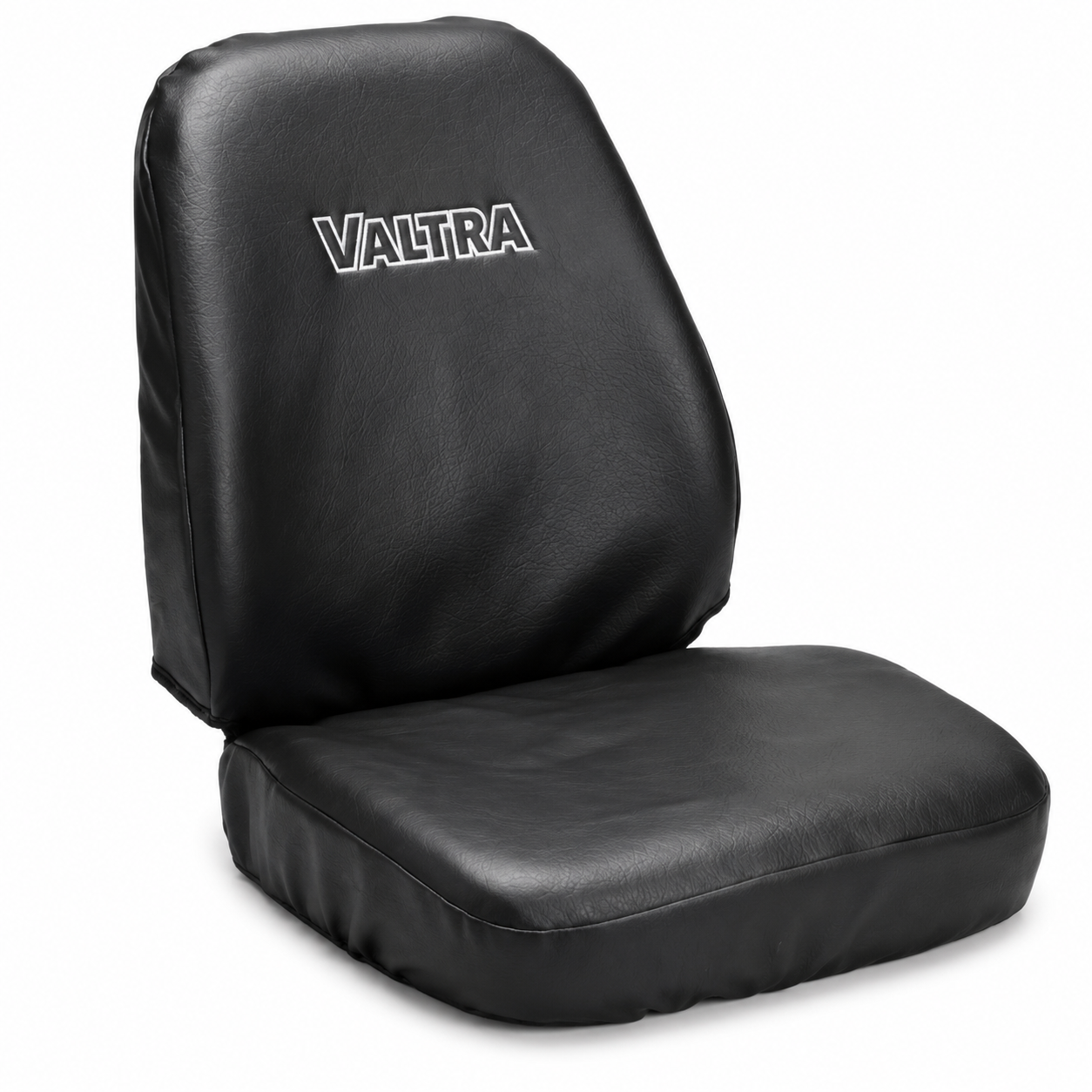 Black seat cover with 'Valtra' logo on a white background
