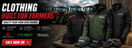 Farmers' clothing with Fendt and Valtra branding on a rustic background.