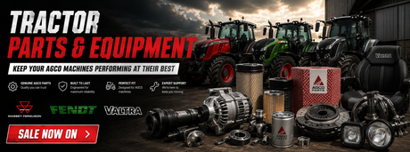Tractor parts and equipment display with Fendt and Valtra branding on a dark background.