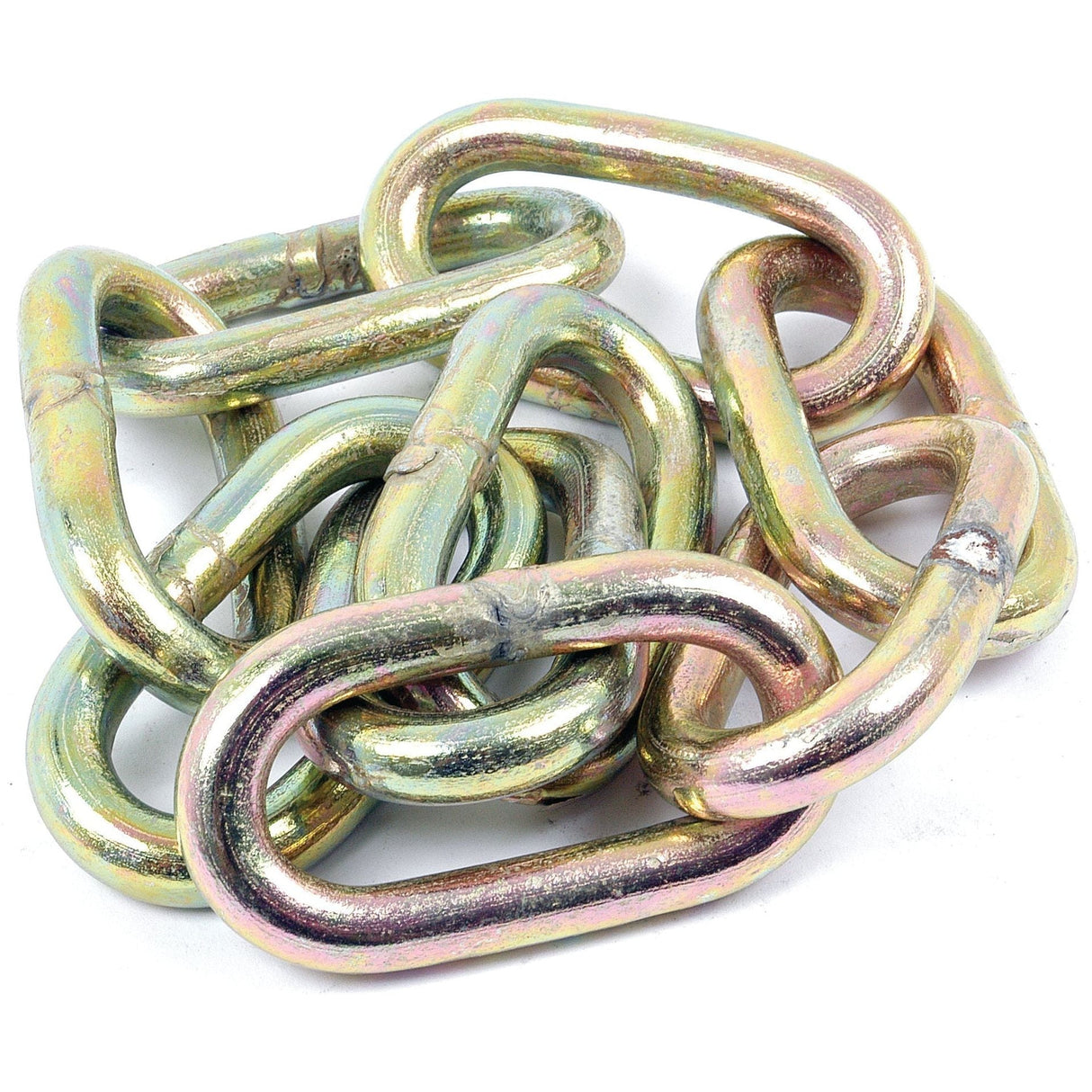 A pile of STABILISER CHAIN - S.179 metallic oval chain links with a shiny, multicolored finish by Sparex NLA.