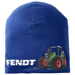 A blue children's beanie, model X991020115000 by AGCO, featuring a cartoon tractor and the word "Fendt" printed on it.