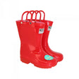 A pair of JMCE Children's Light Up Wellies in red and blue, featuring handles on the top, ideal for kids' sizes. Made from durable PVC, they promise lasting wear. A tag on one boot reads "1-1".