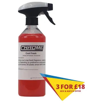 A spray bottle labeled "Chrome - Cool Fresh" by JMCE DEALS, containing red liquid, serves as an aromatic air freshener. A yellow and blue promotional sign indicates a "3 for £18 Mix & Match Offer.