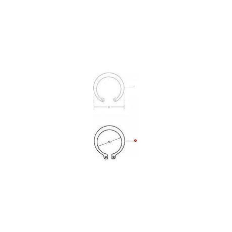 The technical drawing depicts a circular retaining ring, labeled as "Massey Ferguson - Circlip External 26.5mm - 1441637X1." The top view displays the ring's outer diameter, and the bottom view highlights a specific point on the ring. This component is commonly found in Massey Ferguson 100 Series tractor parts and is manufactured by AGCO.