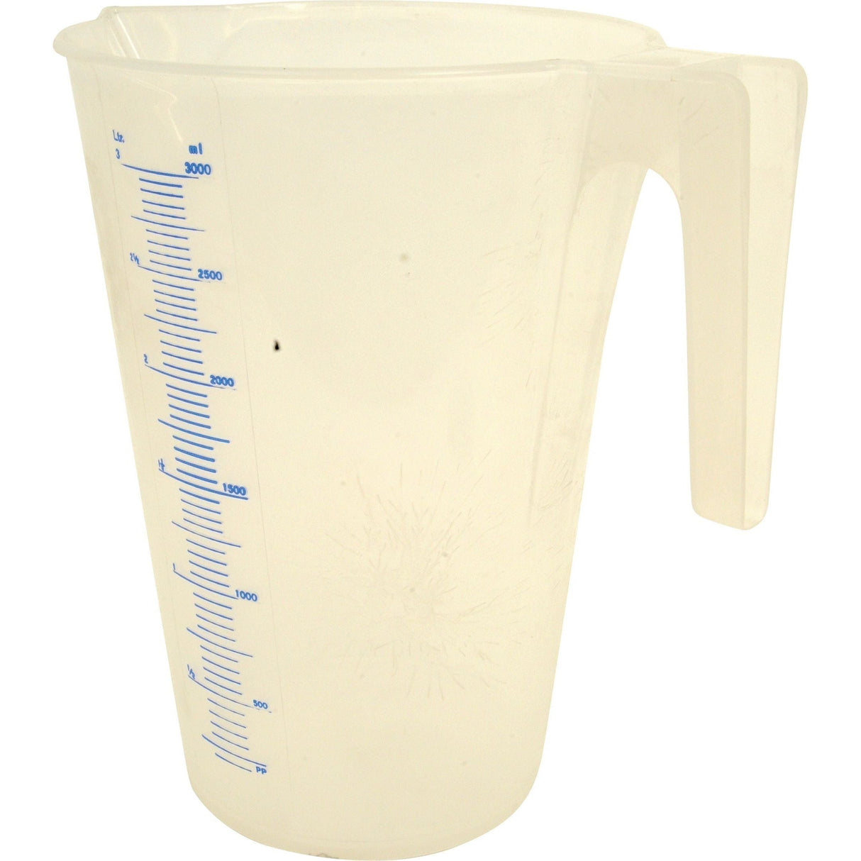 A Clear Measuring Jug - 3L by Sparex (Part No.S.12300) featuring a transparent plastic design, blue measurement lines on the side, and a convenient handle.