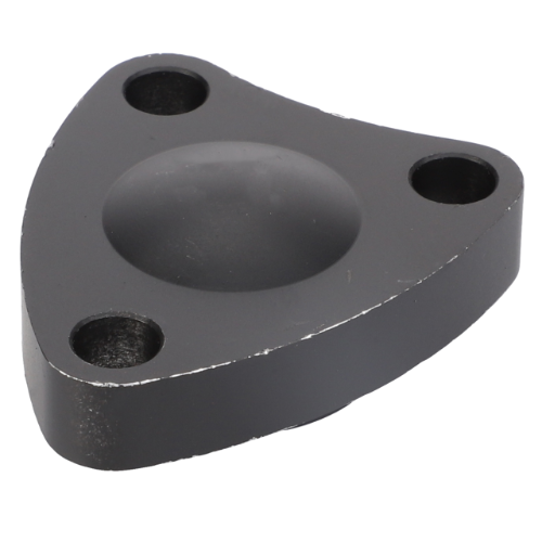 A black, triangular metal bracket with three rounded holes at each corner, compatible with the Massey Ferguson 100 Series combustion cap (model 746472M1) by AGCO.