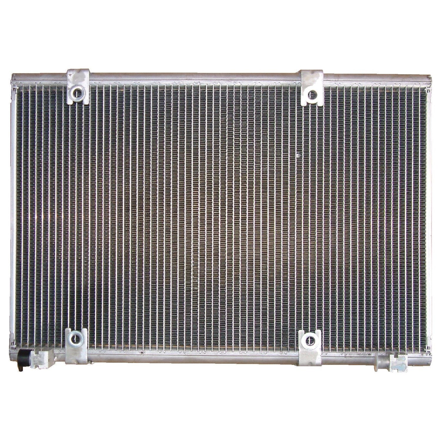 The Sparex Condenser - S.106687 is a rectangular metal radiator featuring thin vertical fins, designed for versatile installations and equipped with four mounting brackets at the edges. For more information, please refer to the manufacturer’s details.