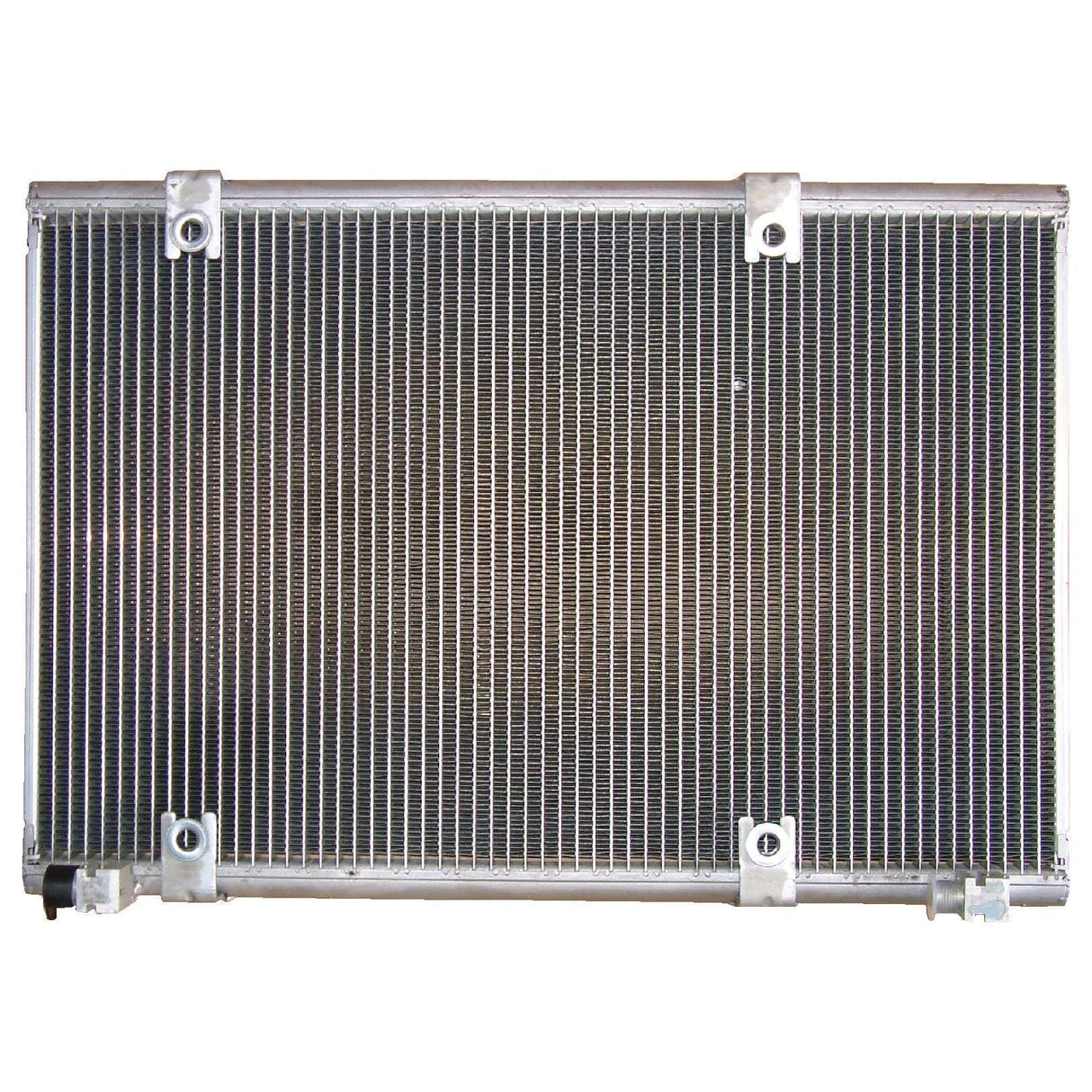 The Sparex Condenser - S.106687 is a rectangular metal radiator featuring thin vertical fins, designed for versatile installations and equipped with four mounting brackets at the edges. For more information, please refer to the manufacturer’s details.