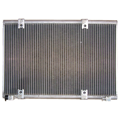 The Sparex Condenser - S.106687 is a rectangular metal radiator featuring thin vertical fins, designed for versatile installations and equipped with four mounting brackets at the edges. For more information, please refer to the manufacturer’s details.