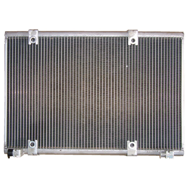 The Sparex Condenser - S.106687 is a rectangular metal radiator featuring thin vertical fins, designed for versatile installations and equipped with four mounting brackets at the edges. For more information, please refer to the manufacturer’s details.