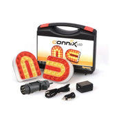 A Connix Lighting Set - Wireless, Magnetic (Sparex Part No. S.130977) from Sparex, featuring two LED lights, a magnetic connector, a rechargeable charger, and a set of cables, all displayed in front of a black carrying case.