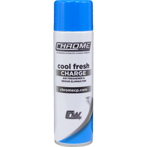 A can of JMCE DEALS' Chrome - Cool Fresh Charge air freshener and odour eliminator, featuring a blue cap and a sleek white label.