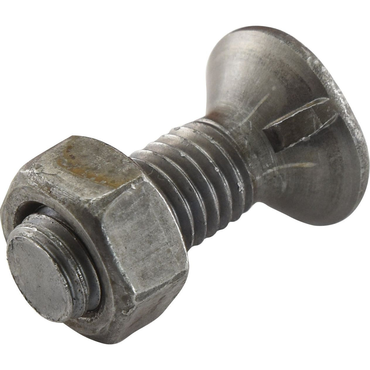 A close-up image of a Sparex Countersunk Head Bolt 2 Nibs With Nut (TF2E) - M14 x 45mm (Sparex Part No. S.78773), showcasing the threads and countersunk head design, with a tensile strength of 8.8.