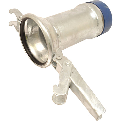 A Sparex Coupling with Threaded End - Female 6'' (150mm) x 6'' (Galvanised) - S.115069 made of silver aluminum, featuring a blue end cap and a lever-operated clamp mechanism.