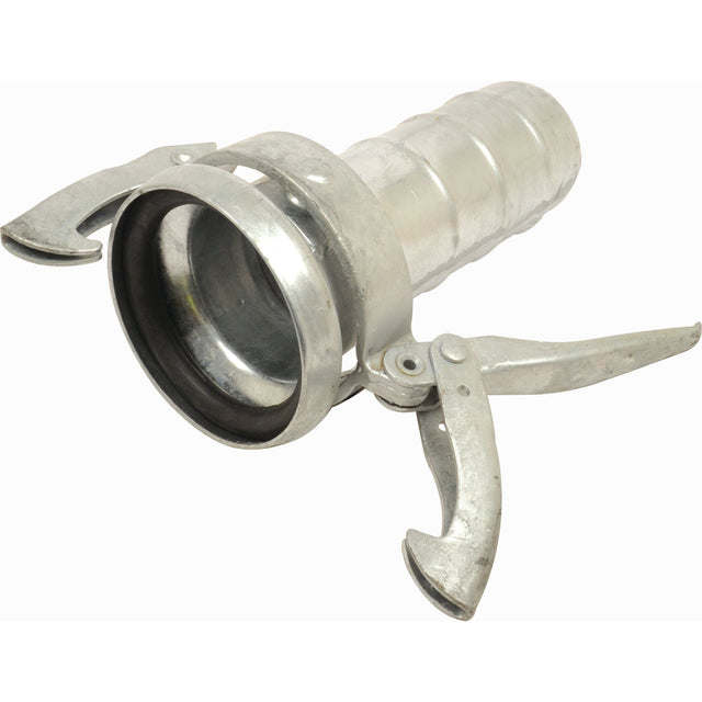 Introducing the Sparex Coupling with hose end - Female 2'' (50mm) x2'' (50mm) (Galvanised) - S.103144, a metallic Perrot fitting featuring two lever-lock arms and a corrugated hose connection end, ideal for secure hose connections.