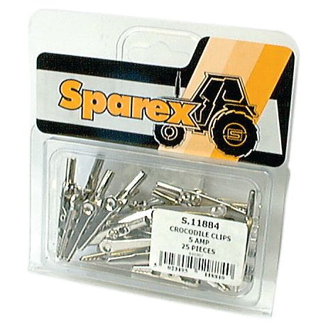 A pack of 25 Sparex Crocodile Clips, model S.11884, rated at 5.0 amps, comes in transparent packaging with a label displaying the product details.