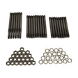 A set of the Sparex Cylinder Head Stud Kit (S.43675), which includes black metal studs, hex nuts, and washers, is arranged in a geometric pattern on a plain white background, reminiscent of the intricate parts used in Perkins Engine assemblies.