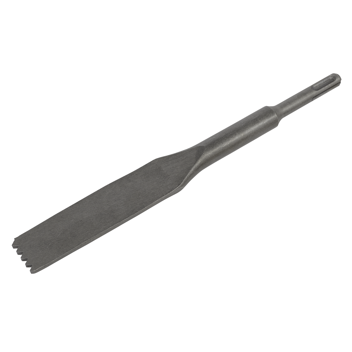 The Sealey Toothed Mortar/Comb Chisel 30 x 250mm - SDS Plus - D1CC is a metal chisel featuring a flat broad blade and notched edge, designed for use with a power tool to remove or shape materials.