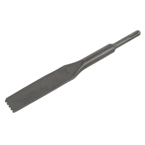 The Sealey Toothed Mortar/Comb Chisel 30 x 250mm - SDS Plus - D1CC is a metal chisel featuring a flat broad blade and notched edge, designed for use with a power tool to remove or shape materials.