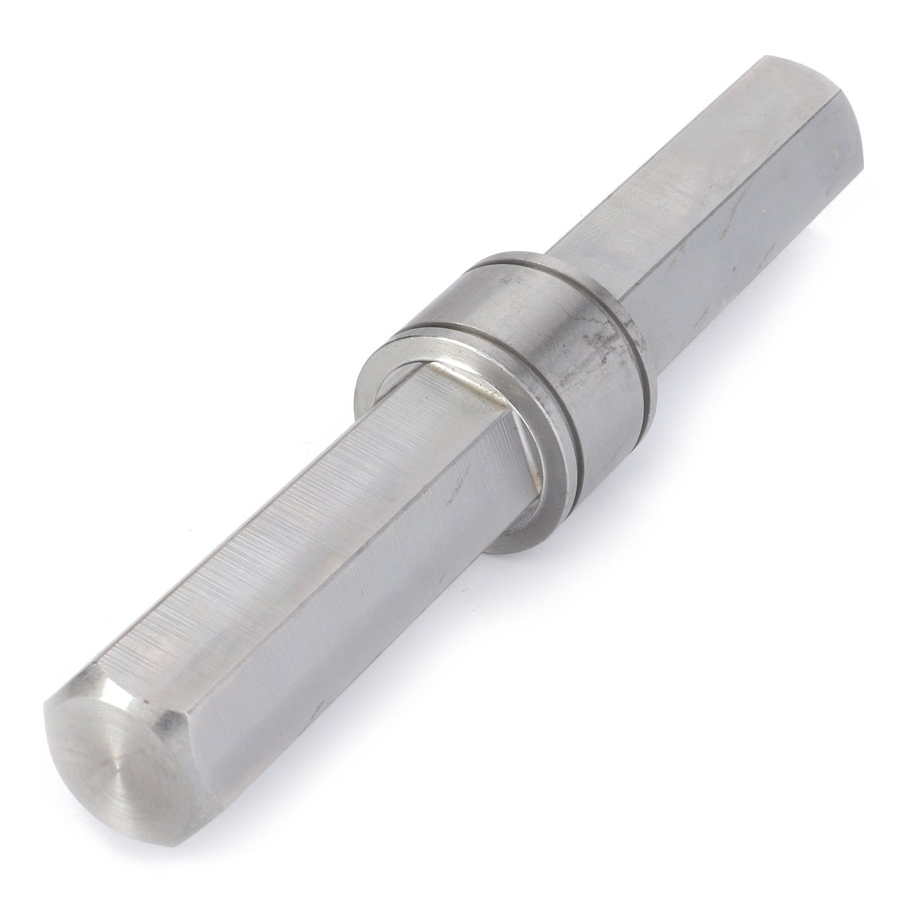 The Joint Shaft, Drapper Band - D28251565 from AGCO is a shiny metal hex adapter featuring a cylindrical bearing in the middle and hexagonal ends. Designed for maximum uptime, trust this AGCO Parts Genuine product to avoid expensive repairs.