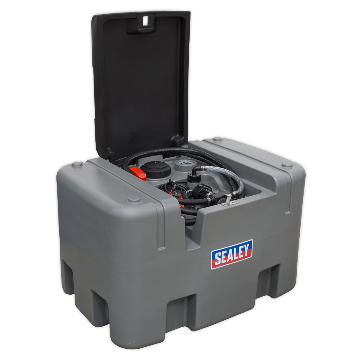 The Sealey Portable Diesel Tank 400L 12V - D400T in grey features an open top revealing internal components, a hose, and a 12V electric pump for efficient diesel fuel transportation.