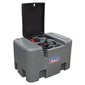 The Sealey Portable Diesel Tank 400L 12V - D400T in grey features an open top revealing internal components, a hose, and a 12V electric pump for efficient diesel fuel transportation.