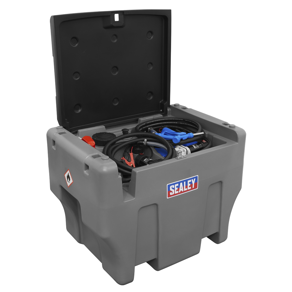 A Sealey-branded gray Combi Fuel Tank 400L/50L Portable - D440T with an open lid, displaying various tools and cables inside, alongside a 12V pump kit.