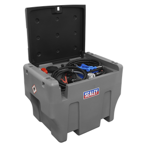 A Sealey-branded gray Combi Fuel Tank 400L/50L Portable - D440T with an open lid, displaying various tools and cables inside, alongside a 12V pump kit.