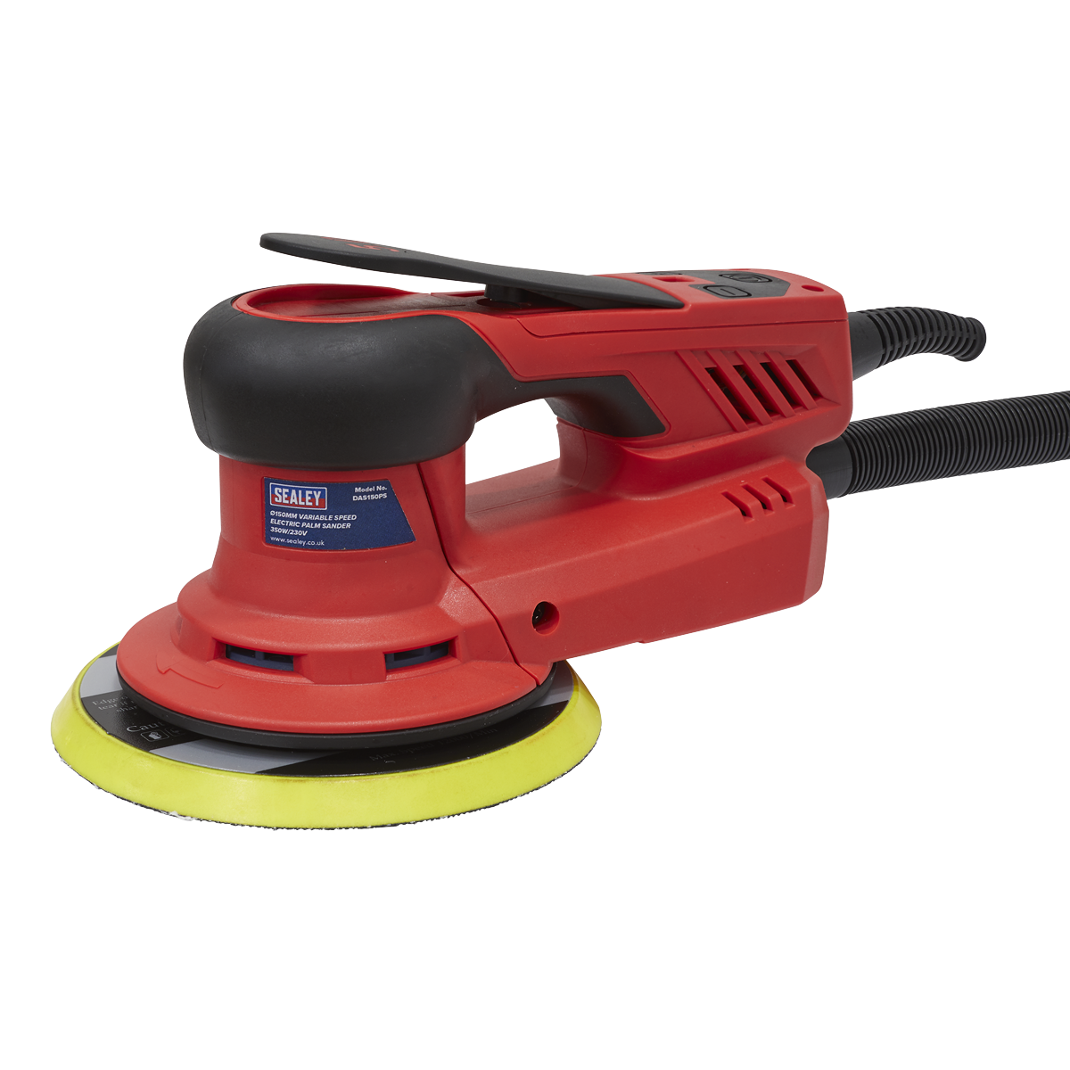 The Sealey Electric Palm Sander Ø150mm Variable Speed 350W - DAS150PS is a red and black ergonomic sander with a yellow pad and an attached power cord, offering variable speed control for precise sanding.