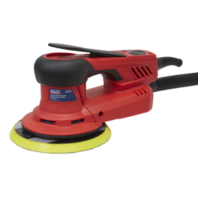 The Sealey Electric Palm Sander Ø150mm Variable Speed 350W - DAS150PS is a red and black ergonomic sander with a yellow pad and an attached power cord, offering variable speed control for precise sanding.