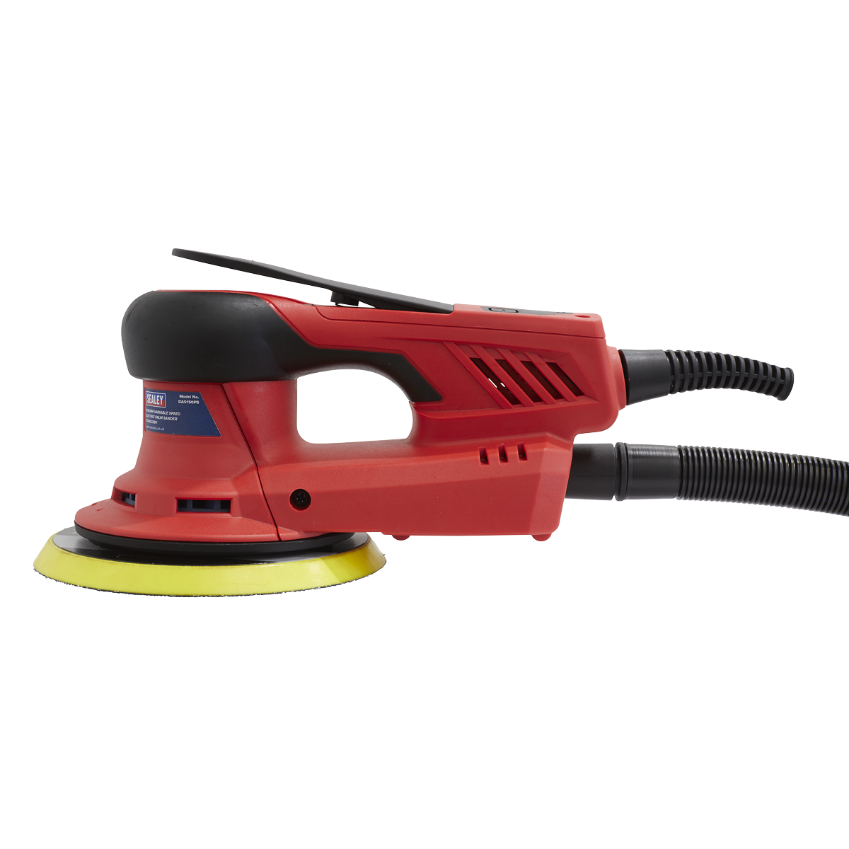 The Sealey Electric Palm Sander Ø150mm Variable Speed 350W - DAS150PS is an ergonomic red and black tool, equipped with variable speed control, featuring a yellow sanding pad and a dust extraction hose connected to the rear.