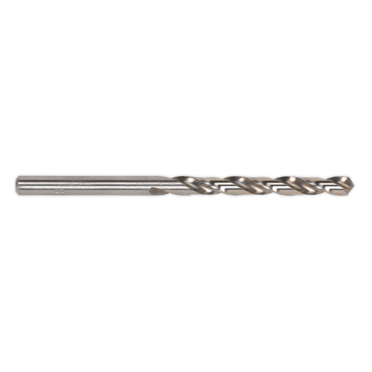 Close-up of a Sealey HSS Fully Ground Drill Bit Ø2mm (DB020FG), featuring a fluted cutting edge, cylindrical body, and a 135° split point, isolated on a white background.