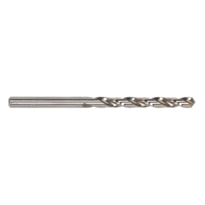 Close-up of a Sealey HSS Fully Ground Drill Bit Ø2mm (DB020FG), featuring a fluted cutting edge, cylindrical body, and a 135° split point, isolated on a white background.