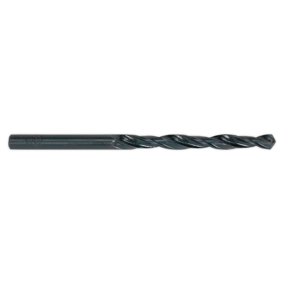 The Sealey HSS Roll Forged Drill Bit Ø2mm Pack of 10 - DB020RF is a black, metal drill bit with spiral grooves along its length, featuring an HSS roll forged design and a 118° point tip for efficient clog-free swarf clearance.