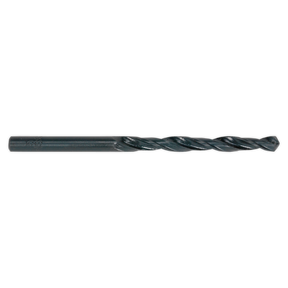 The Sealey HSS Roll Forged Drill Bit Ø2mm Pack of 10 - DB020RF is a black, metal drill bit with spiral grooves along its length, featuring an HSS roll forged design and a 118° point tip for efficient clog-free swarf clearance.