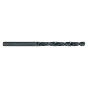 The Sealey HSS Roll Forged Drill Bit Ø2mm Pack of 10 - DB020RF is a black, metal drill bit with spiral grooves along its length, featuring an HSS roll forged design and a 118° point tip for efficient clog-free swarf clearance.