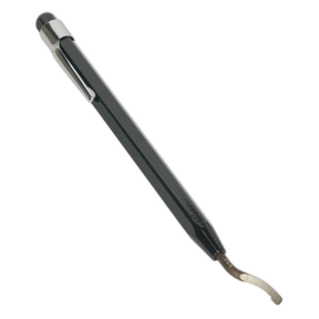 A close-up image of a Sealey Deburring Tool with Blade - DB02, highlighting its aluminium body, curved metal blade, and pen-like handle in black.