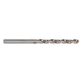 A close-up view of the Sealey HSS Fully Ground Drill Bit Ø3.5mm Pack of 10 - DB035FG, featuring a 135° split point and spiral flute design for efficient drilling into various materials.