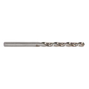 Close-up of the Sealey HSS Fully Ground Drill Bit Ø5mm Pack of 10 (DB050FG) featuring a helical groove design and self-centring for precision, ideal for drilling holes in various high carbon steels and other materials.