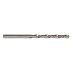 Image of a single, long Sealey HSS Fully Ground Drill Bit Ø5.5mm from the DB055FG pack of 10, featuring a spiraled cutting edge, a straight shank, and a 135° Split point.