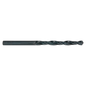 A Sealey HSS Roll Forged Drill Bit Ø6mm Pack of 10 - DB060RF, featuring a metallic, spiral-shaped design with a 118° point tip, conforming to DIN 338 standards, is used for drilling holes.