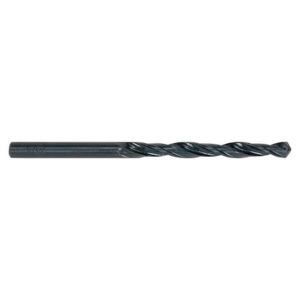 A Sealey HSS Roll Forged Drill Bit Ø6mm Pack of 10 - DB060RF, featuring a metallic, spiral-shaped design with a 118° point tip, conforming to DIN 338 standards, is used for drilling holes.